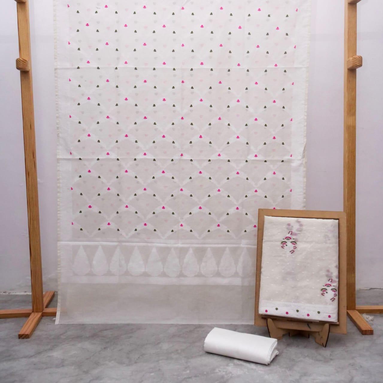 Off-white Banarasi Premium Cotton Silk Jamdani Dress Materials