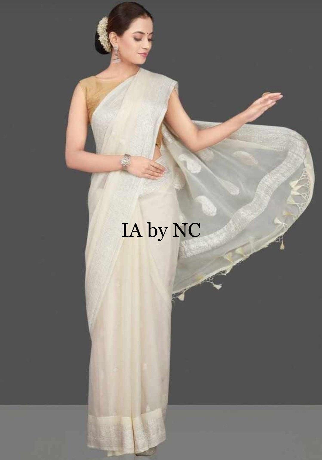 Off White Banarasi Pure Khaddi Georgette Kadwa Saree