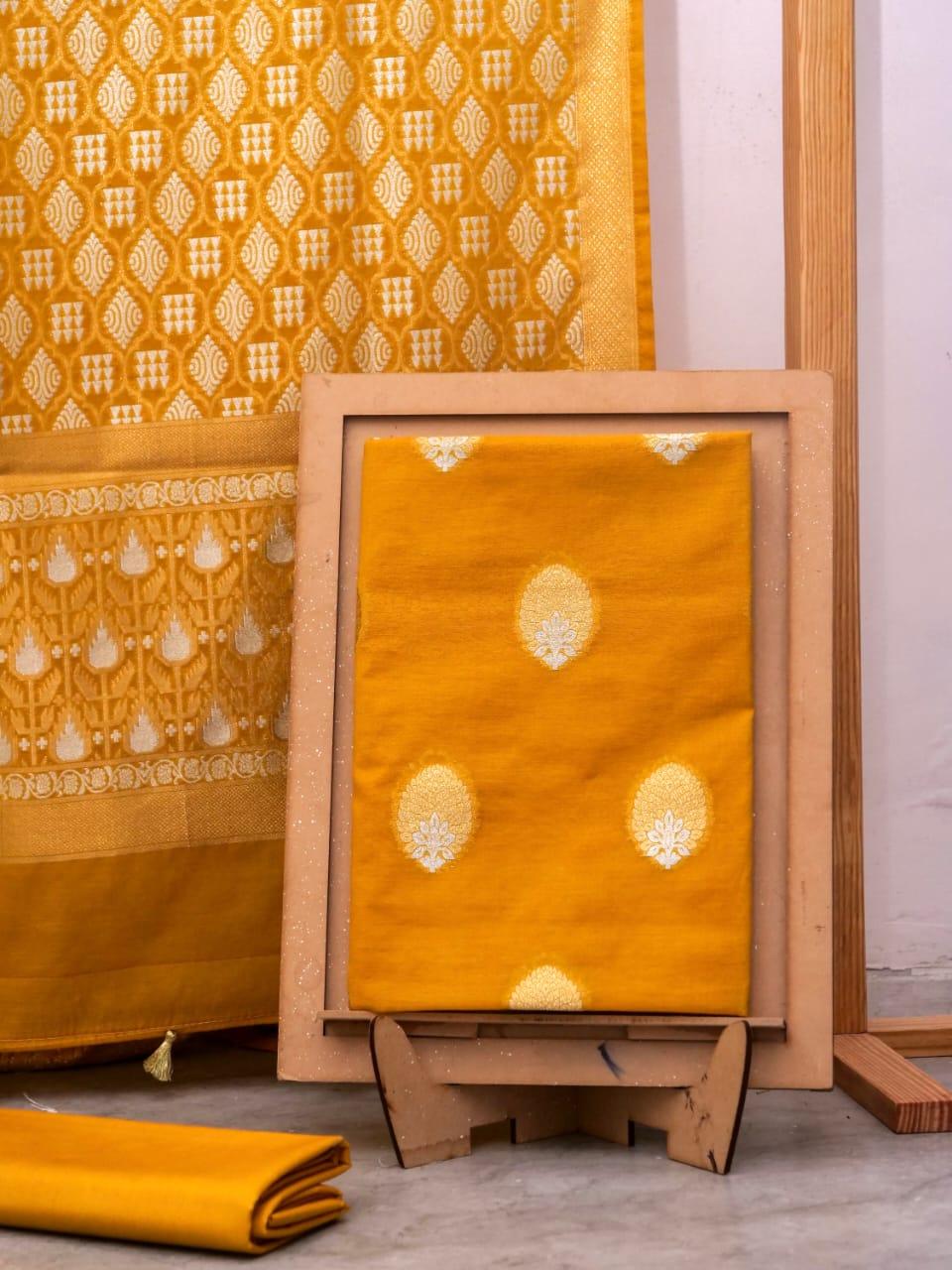 Mustard Banarasi Premium Cotton Silk Jamdani Dress Materials