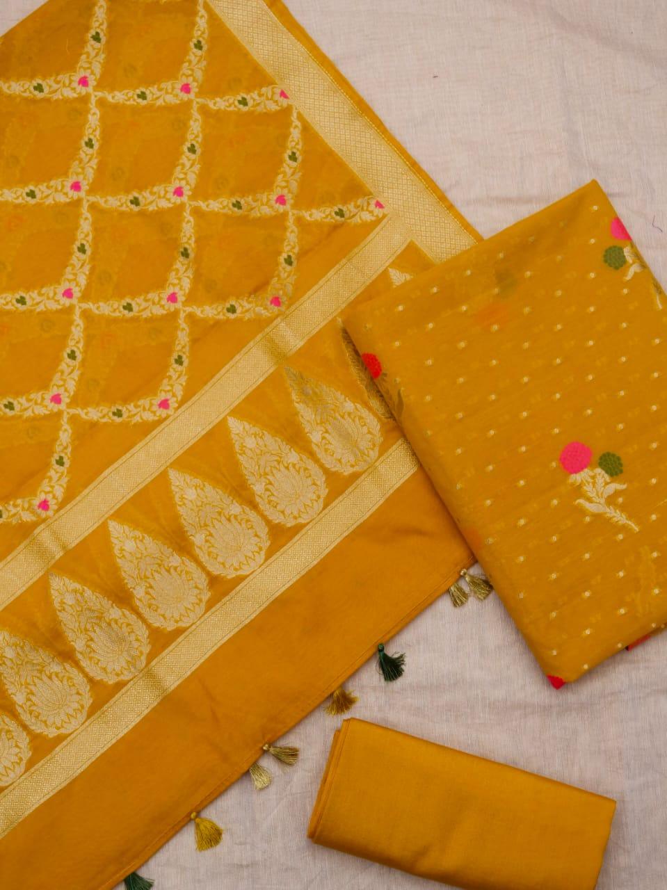 Gold Banarasi Premium Cotton Silk Jamdani Suits