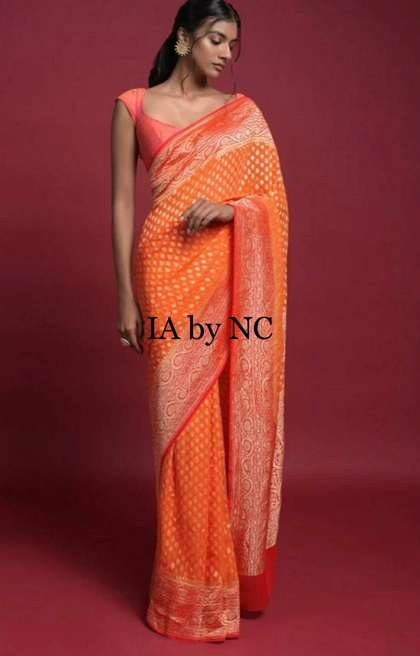 Pumpkin Banarasi Pure Khaddi Georgette Saree