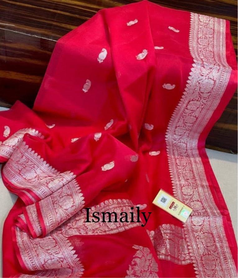 Raspberry Banarasi Pure Khaddi Georgette Kadwa Saree
