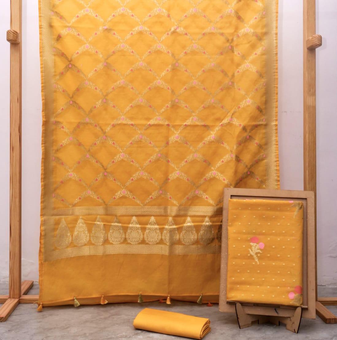 Gold Banarasi Premium Cotton Silk Jamdani Dress Materials