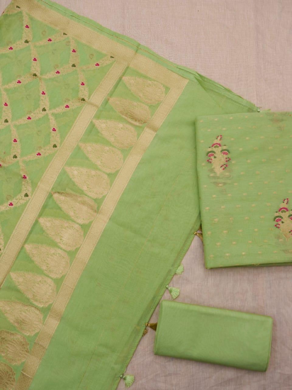 Pista Banarasi Premium Cotton Silk Jamdani Dress Materials