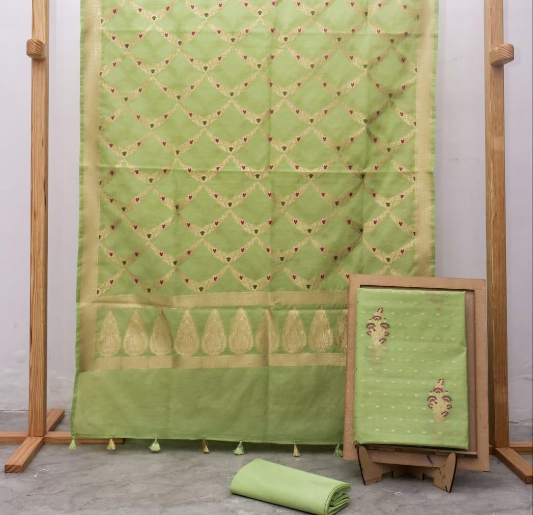 Pista Banarasi Premium Cotton Silk Jamdani Dress Materials
