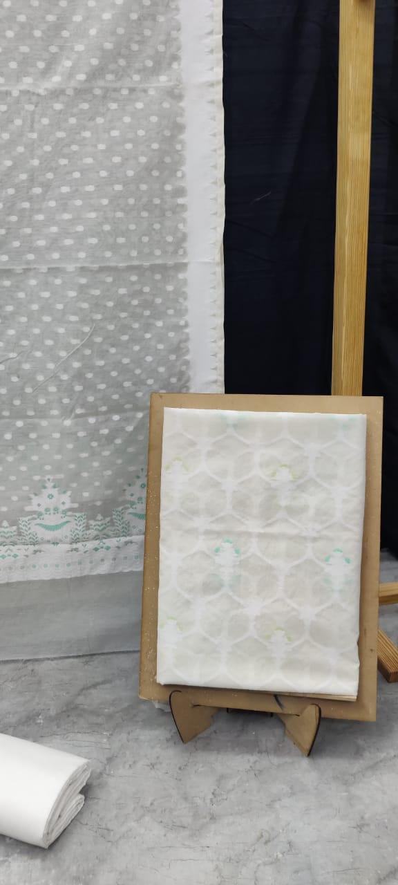 White Banarasi Premium Cotton Silk Jamdani Dress Materials