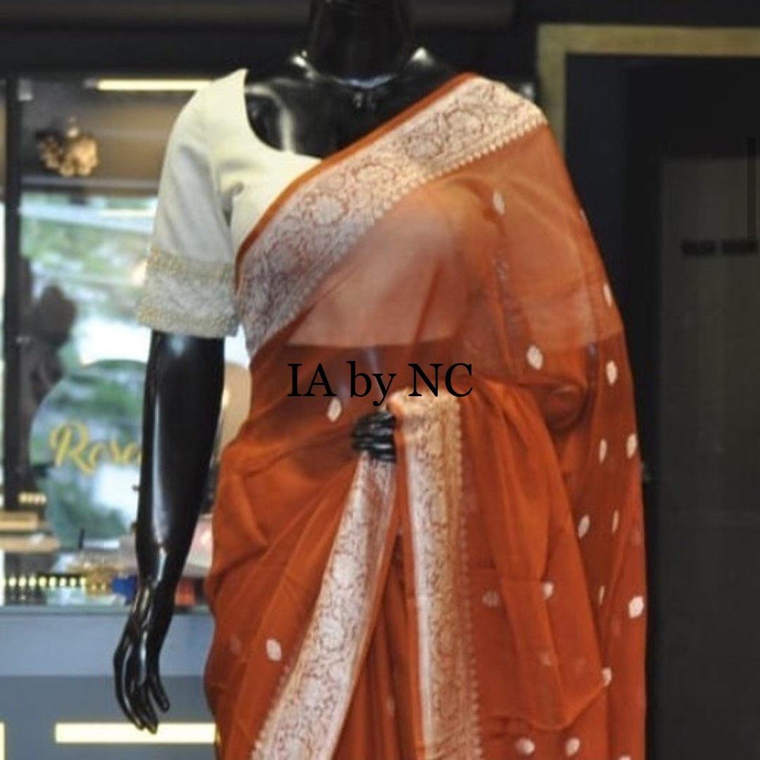 Rust Banarasi Pure Khaddi Georgette Kadwa Saree