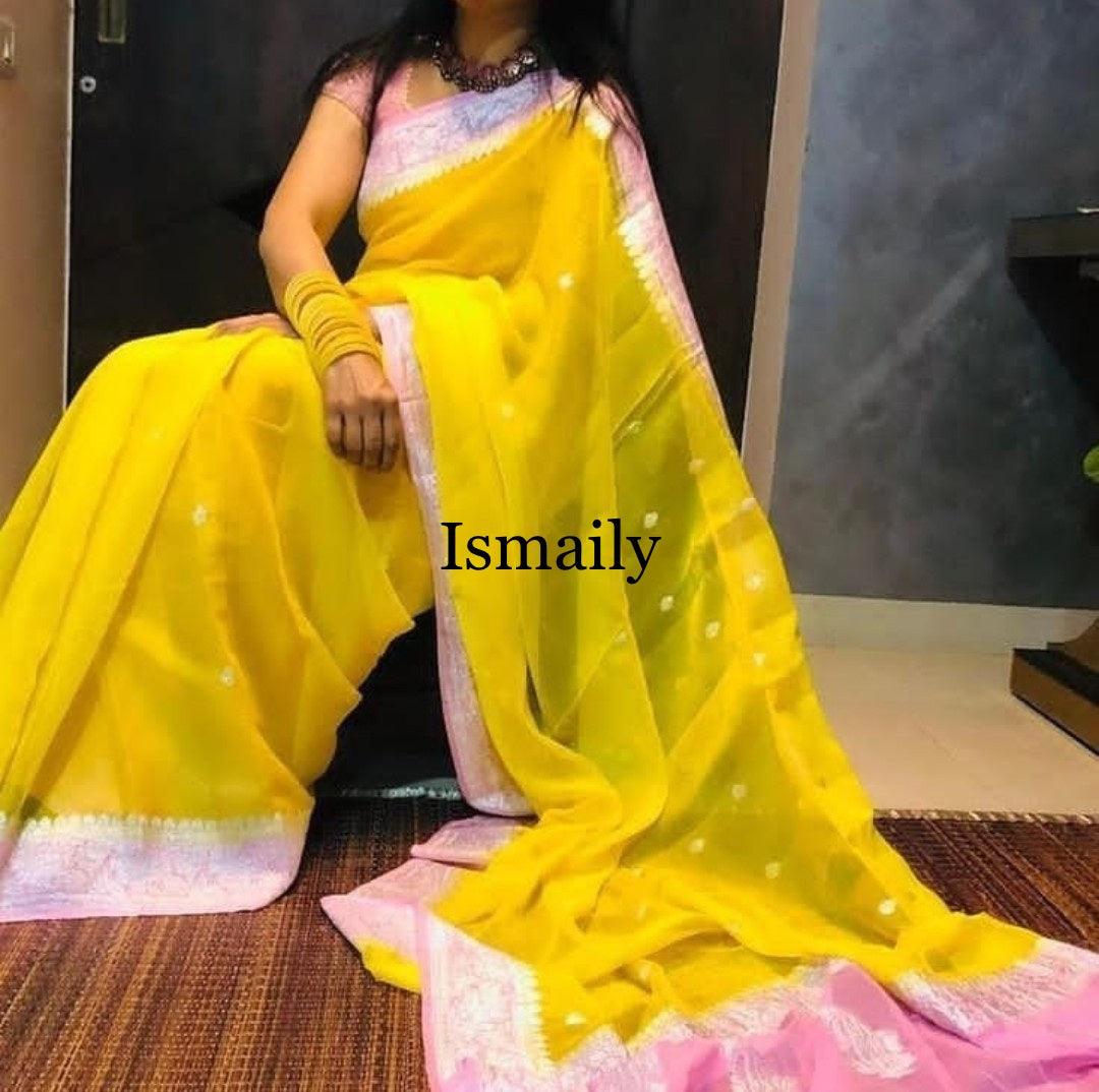 Yellow Banarasi Pure Khaddi Georgette Kadwa Saree
