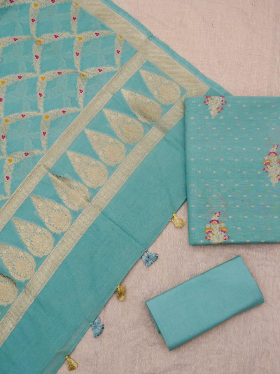 Turquoise Banarasi Premium Cotton Silk Jamdani Dress Materials