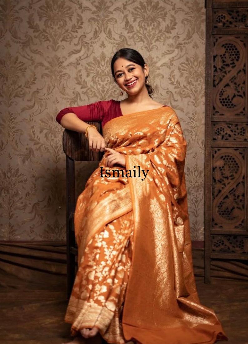 Mustard Banarasi Pure Khaddi Georgette Saree.
