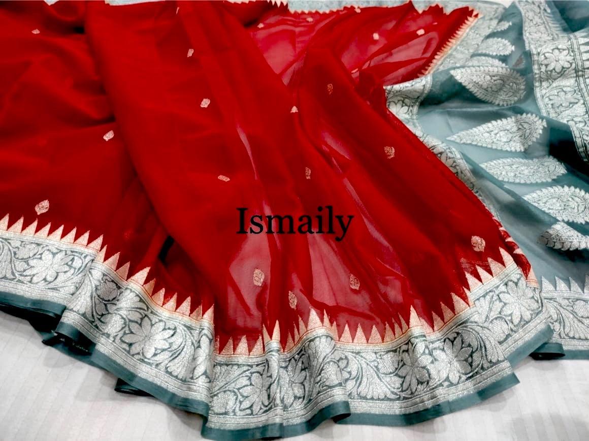 Red Banarasi Pure Khaddi Georgette Kadwa Saree