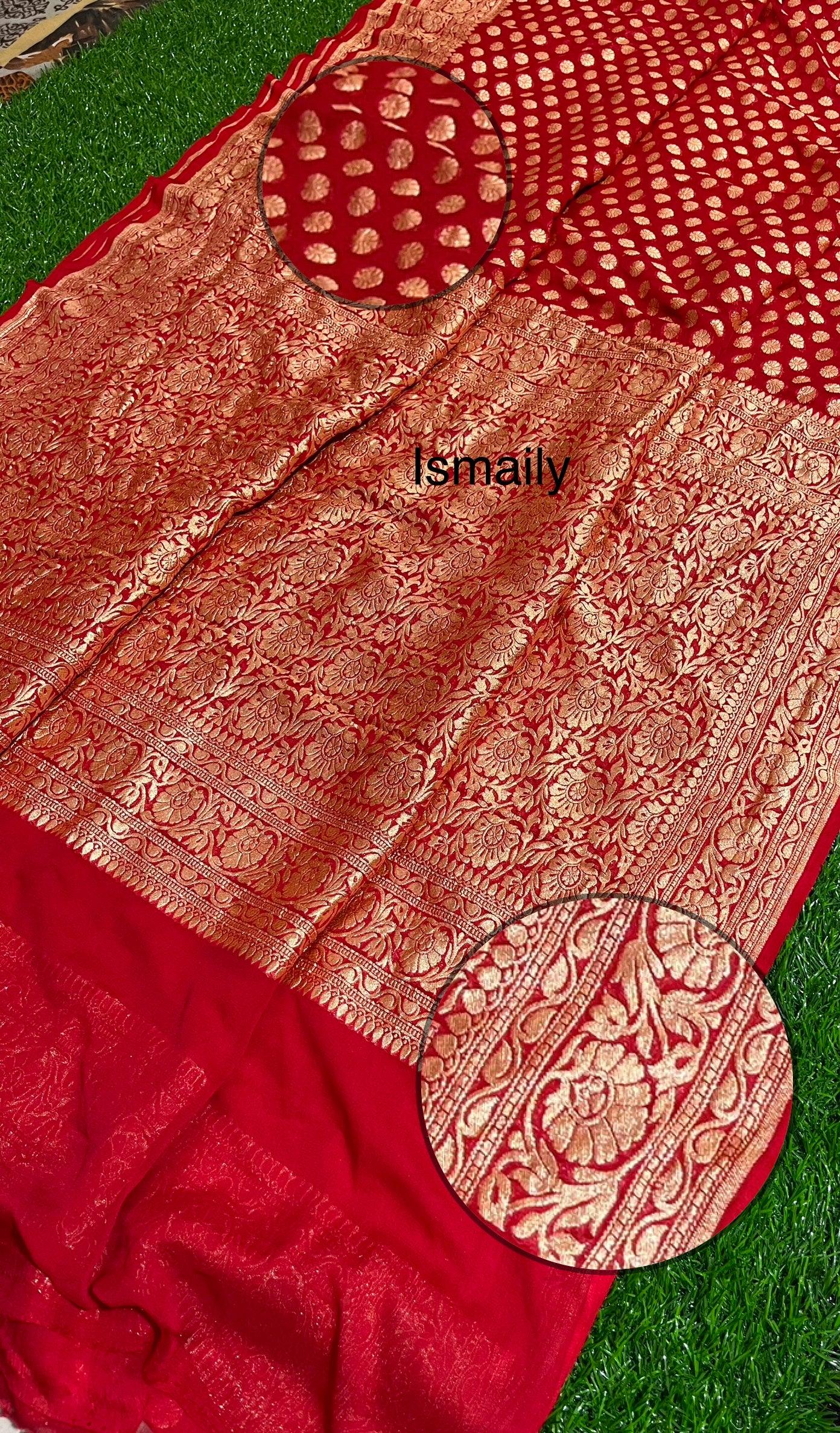 Carmine Banarasi Pure Khaddi Georgette Sarees