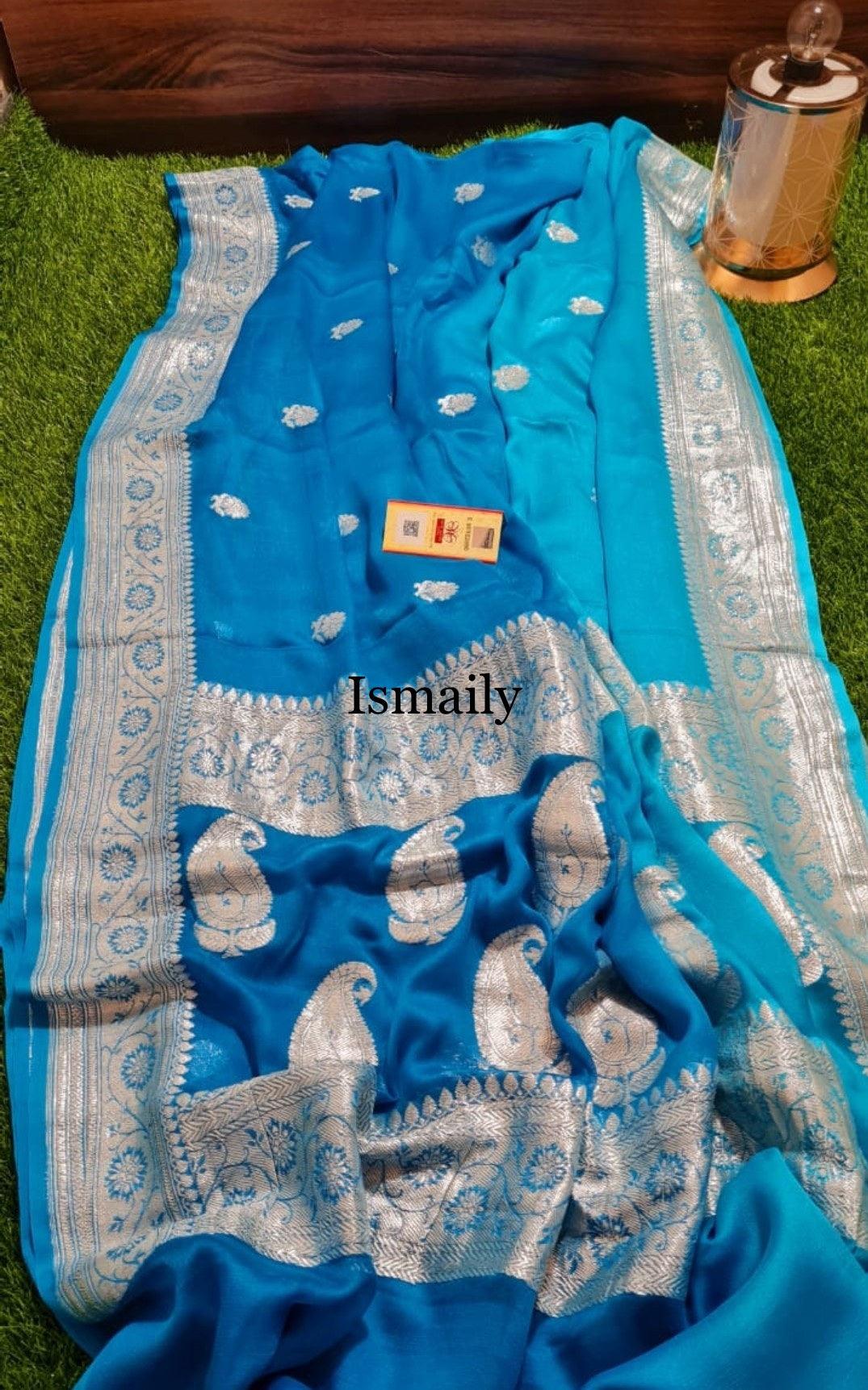 Azure Banarasi Pure Khaddi Georgette Kadwa Saree
