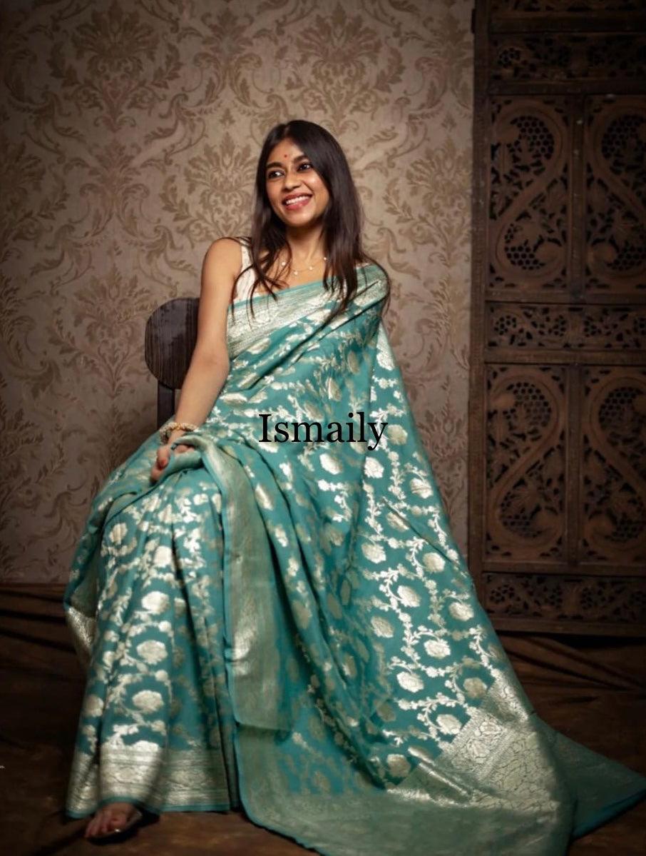 Teal Banarasi Pure Khaddi Georgette Saree