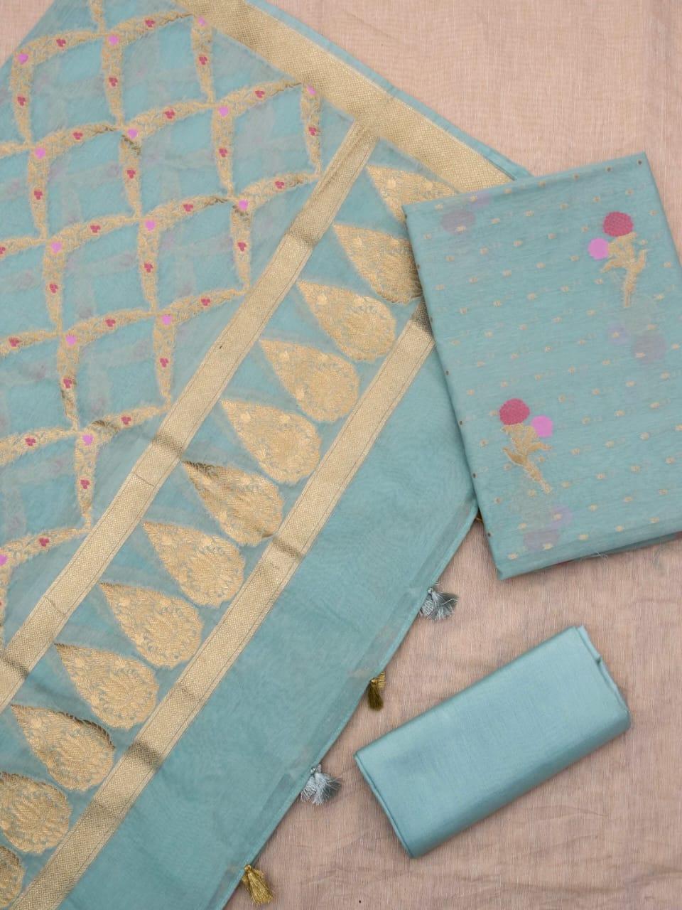 Turquoise Banarasi Premium Cotton Silk Jamdani Dress Materials