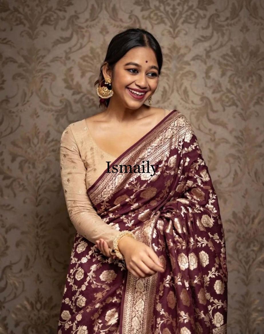 Brown Banarasi Pure Khaddi Georgette Saree.