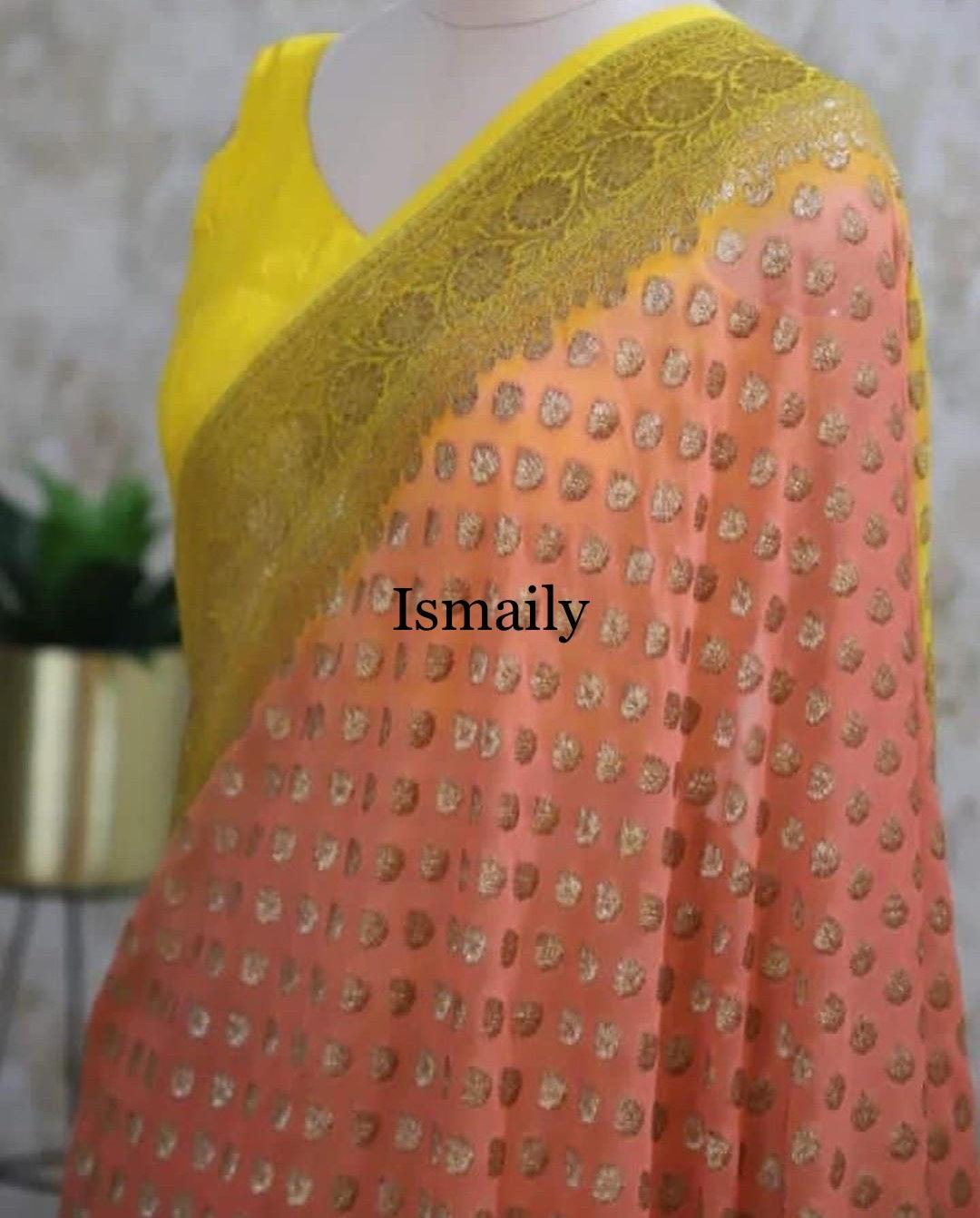 Salmon Banarasi Pure Khaddi Georgette Saree