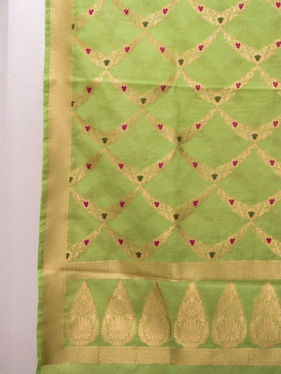Pista Banarasi Premium Cotton Silk Jamdani Dress Materials