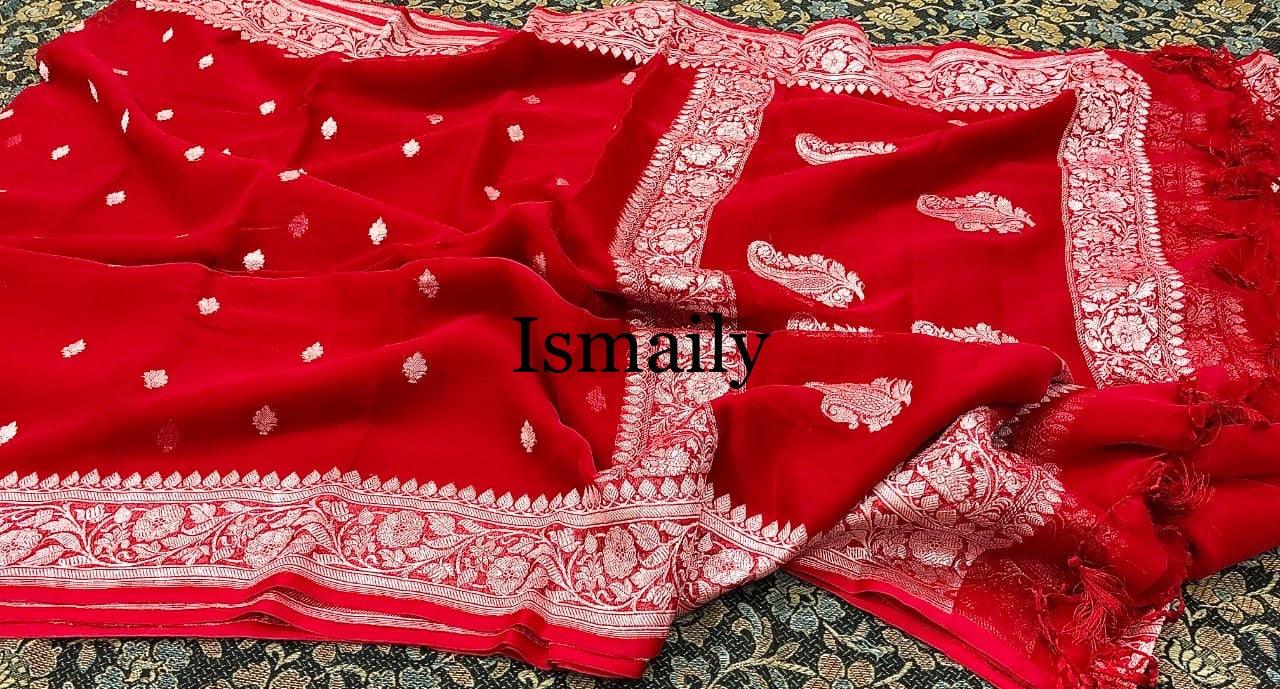Crimson Banarasi Pure Khaddi Georgette Kadwa Saree