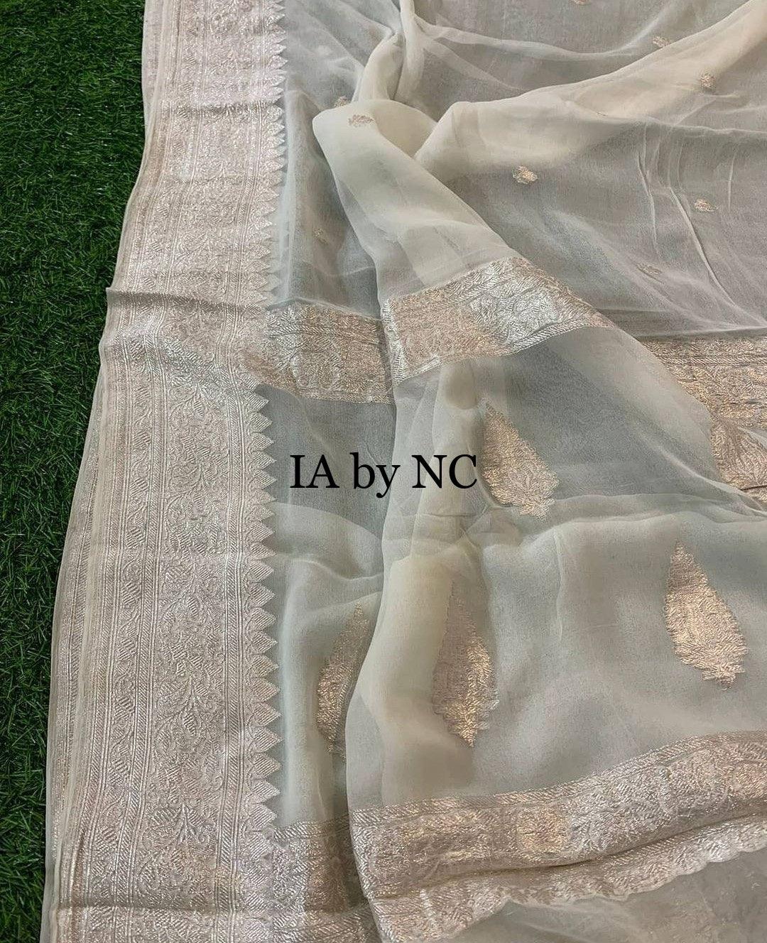 Off White Banarasi Pure Khaddi Georgette Kadwa Saree