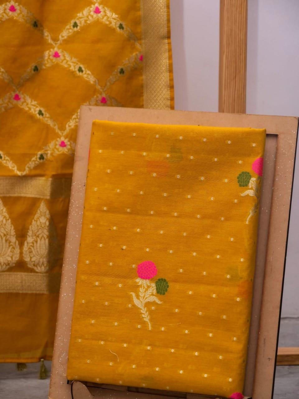 Gold Banarasi Premium Cotton Silk Jamdani Suits