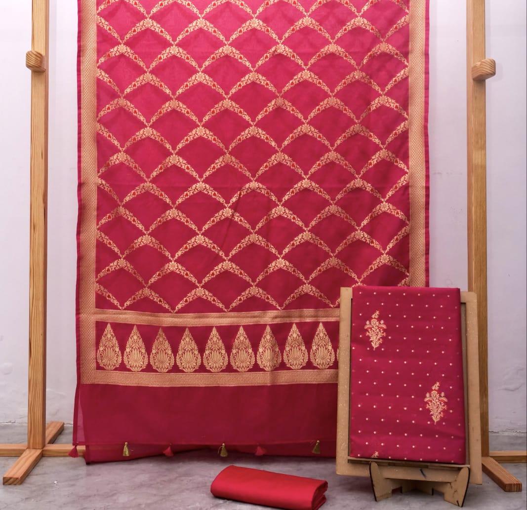 Raspberry Banarasi Premium Cotton Silk Jamdani Dress Materials