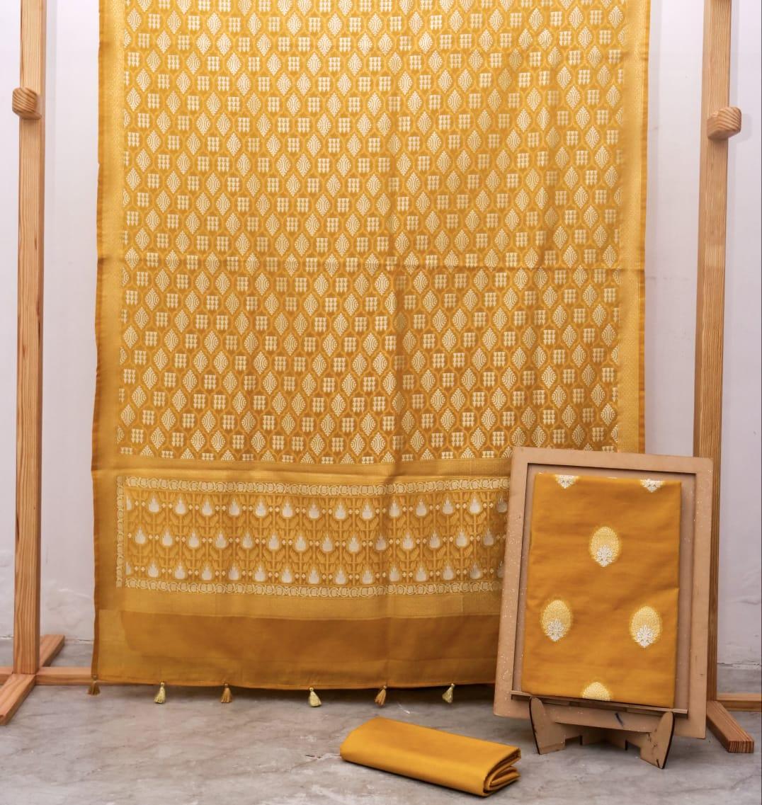 Mustard Banarasi Premium Cotton Silk Jamdani Dress Materials