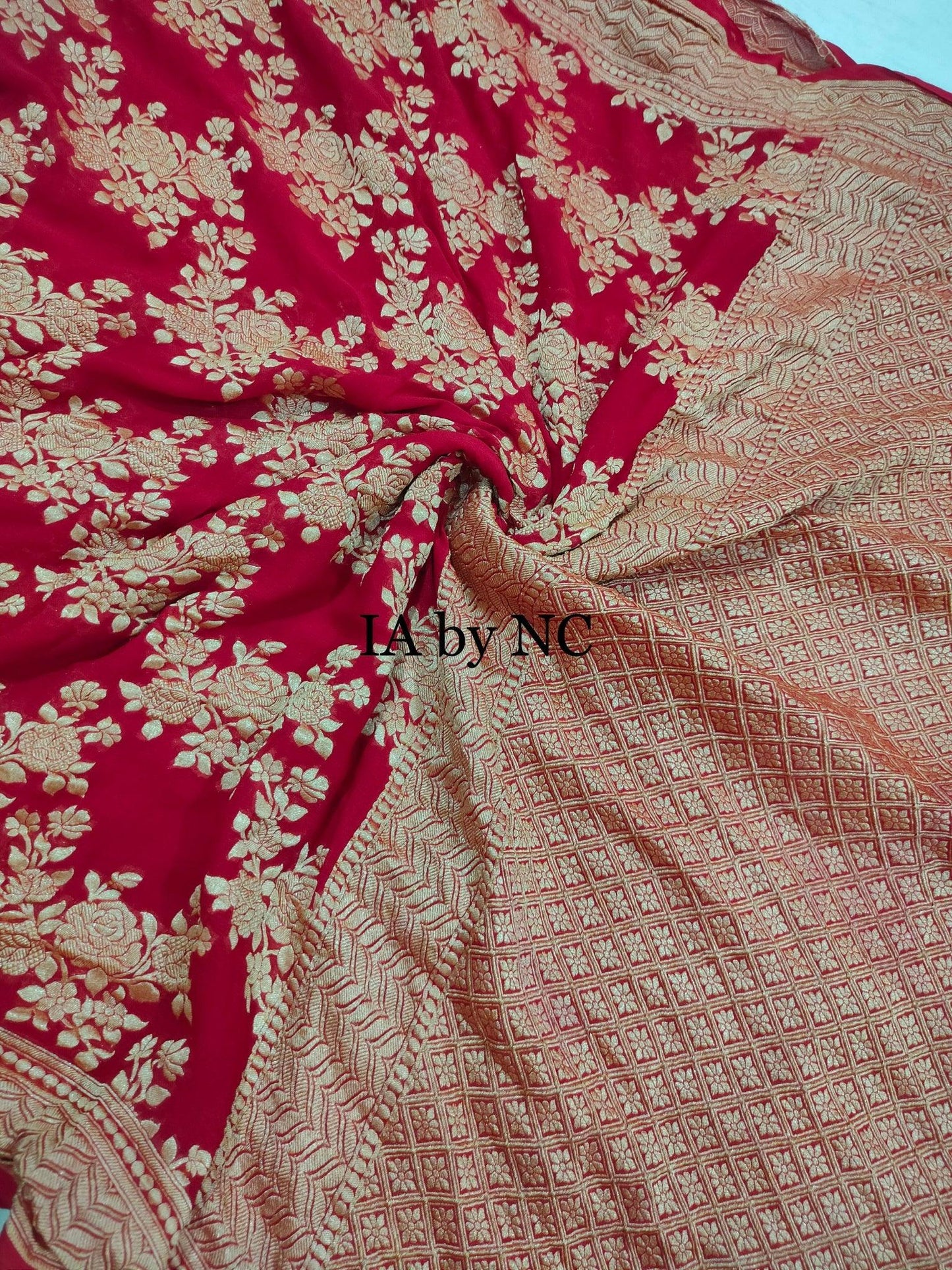 Carmine Banarasi Pure Khaddi Georgette Saree
