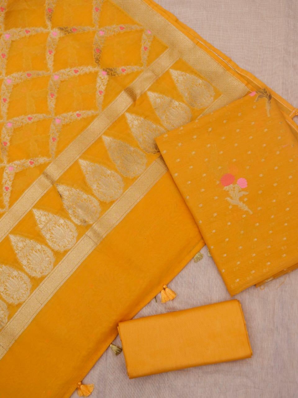 Gold Banarasi Premium Cotton Silk Jamdani Dress Materials