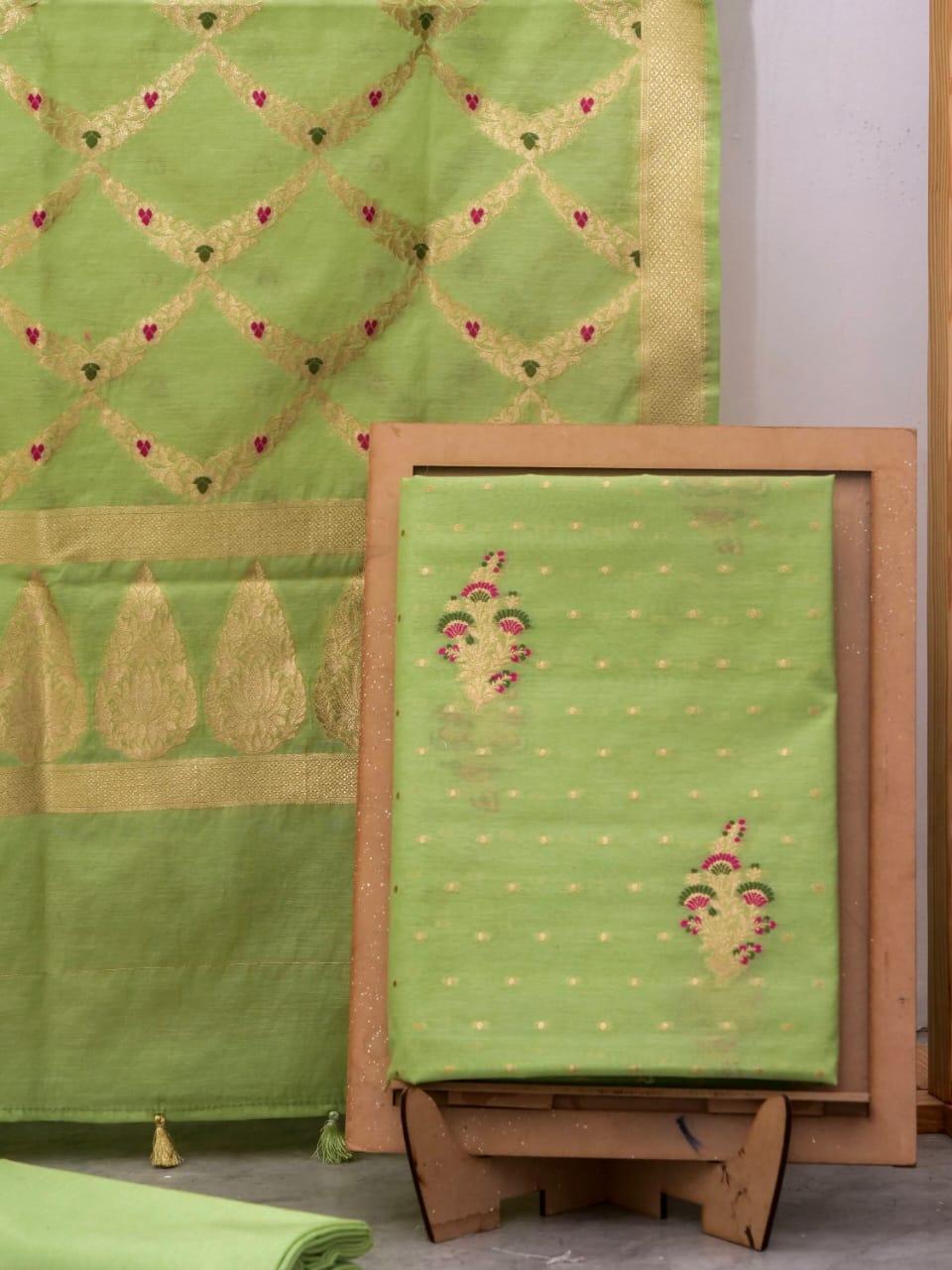 Pista Banarasi Premium Cotton Silk Jamdani Dress Materials