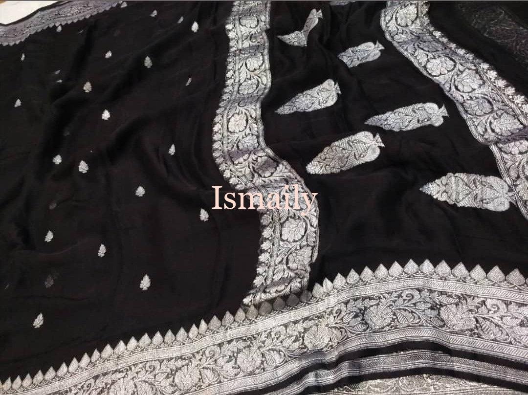 Black Banarasi Pure Khaddi Georgette Kadwa Saree
