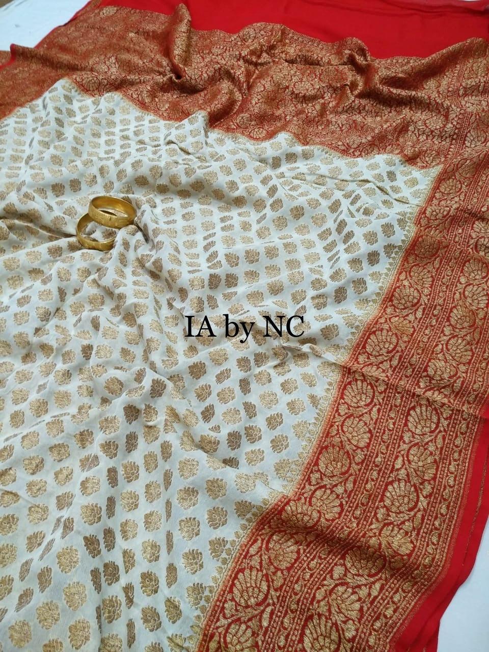 Off-white Banarasi Pure Khaddi Georgette Saree