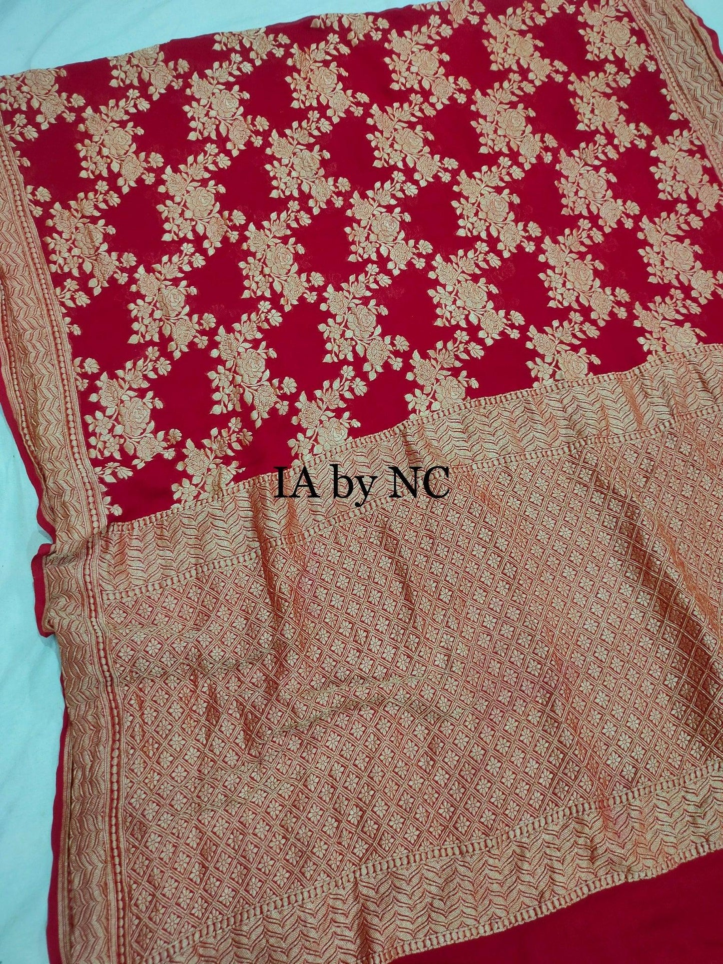 Carmine Banarasi Pure Khaddi Georgette Saree
