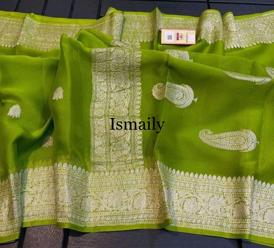 Mahendi Banarasi Pure Khaddi Georgette Kadwa Saree