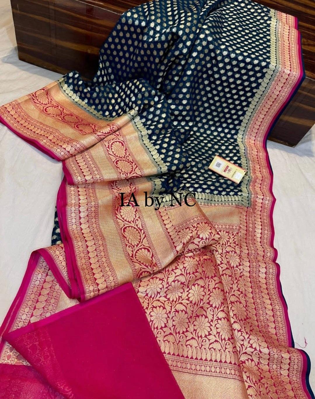 Prussian Banarasi Pure Khaddi Georgette Saree