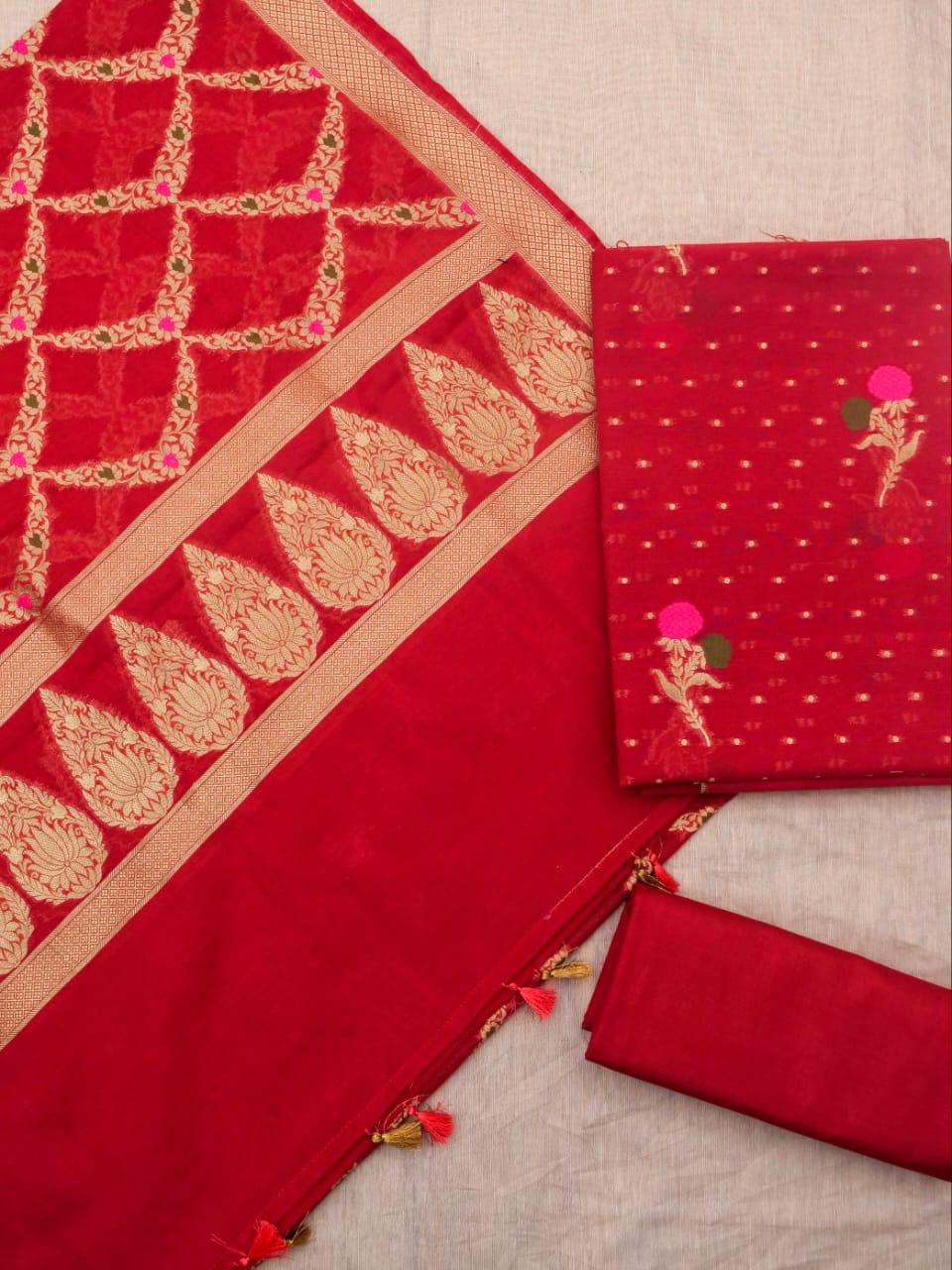 Carmine Banarasi Premium Cotton Silk Jamdani Suits