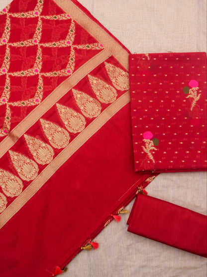 Carmine Red Banarasi Cotton Silk Jamdani Suits