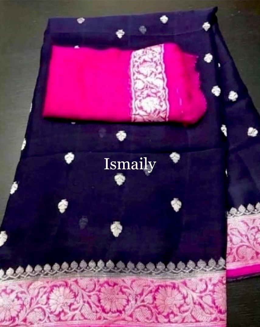 Grape Banarasi Pure Khaddi Georgette Kadwa Saree