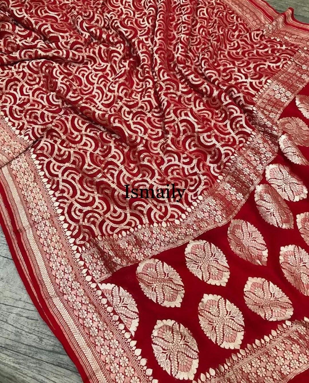 Carmine Banarasi Pure Khaddi Georgette Saree