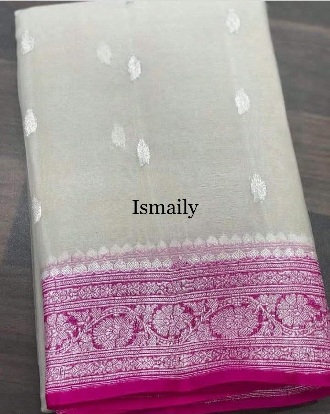 Off-white Banarasi Pure Khaddi Georgette Kadwa Saree