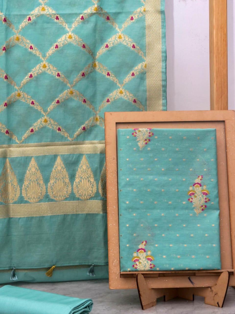 Turquoise Banarasi Premium Cotton Silk Jamdani Dress Materials