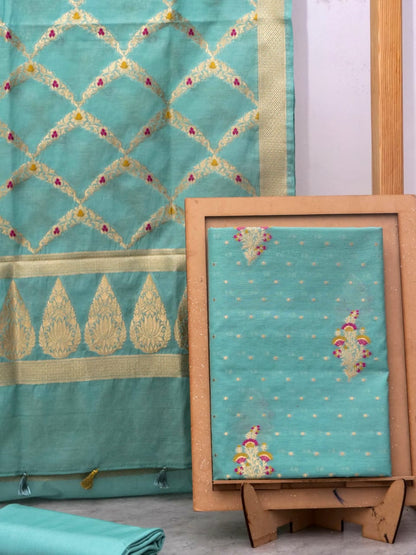 Turquoise Banarasi Cotton Silk Jamdani Suits
