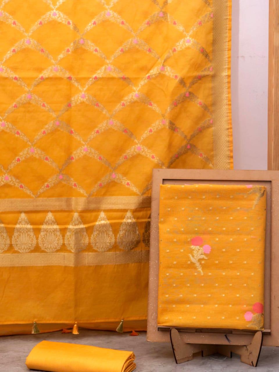 Gold Banarasi Premium Cotton Silk Jamdani Dress Materials