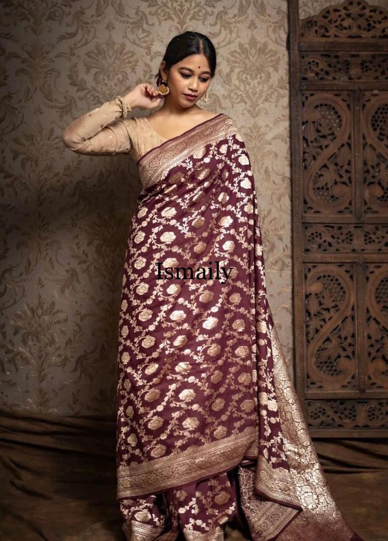 Brown Banarasi Pure Khaddi Georgette Saree.