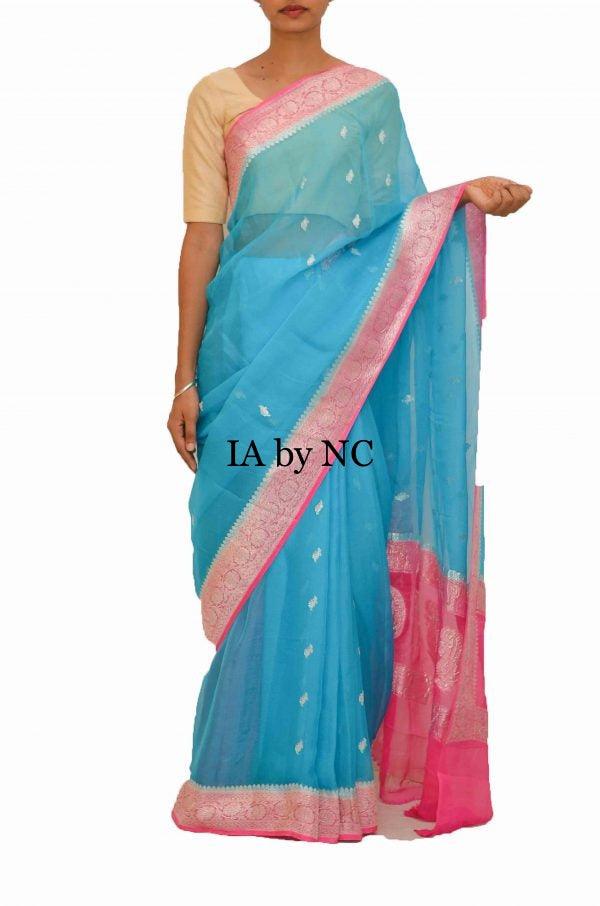 Azure Banarasi Pure Khaddi Georgette Kadwa Saree