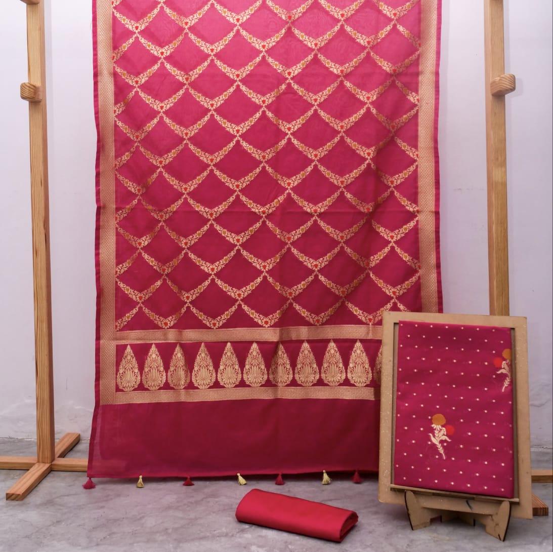 Raspberry Banarasi Premium Cotton Silk Jamdani Dress Materials