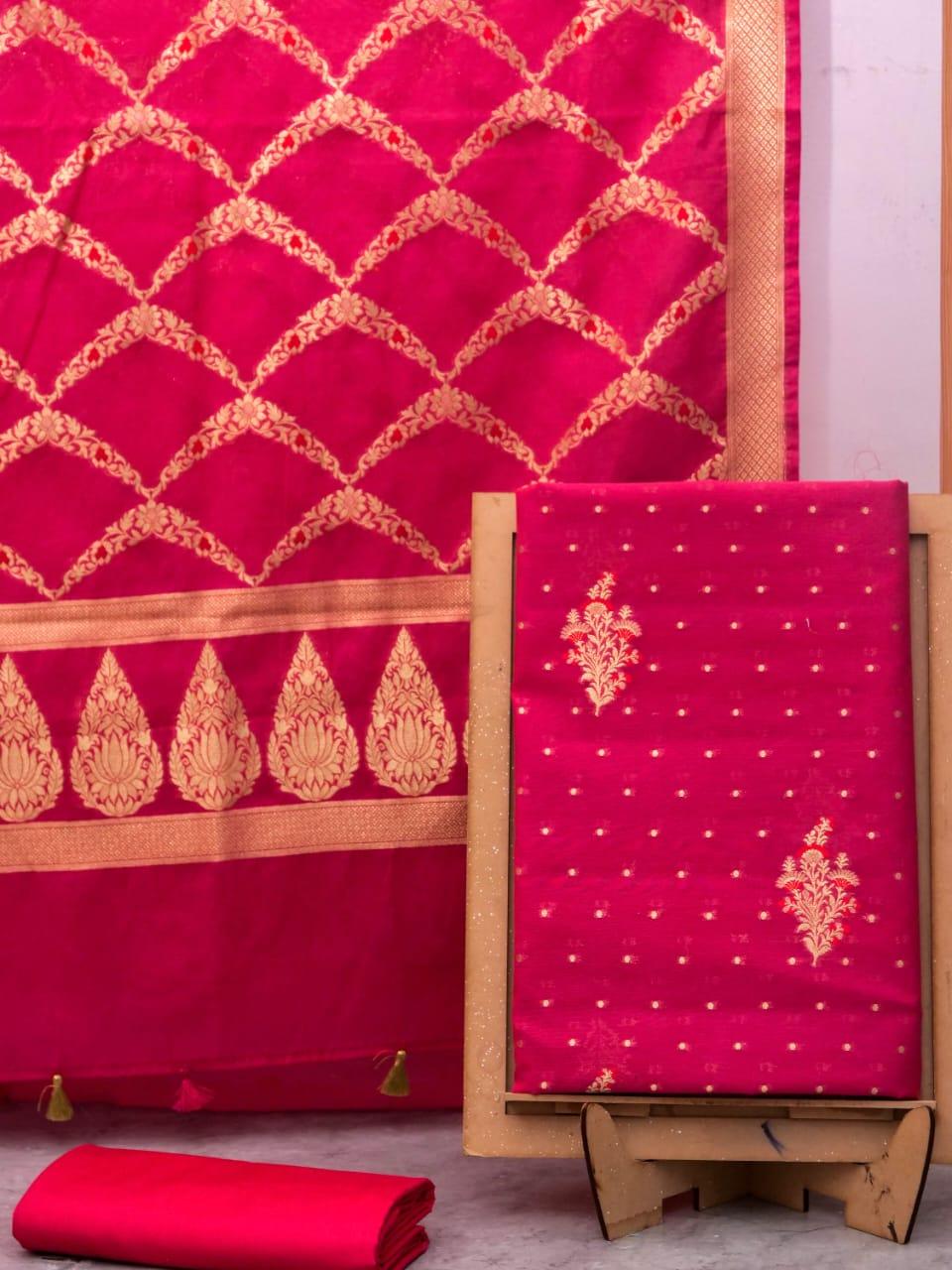 Raspberry Banarasi Premium Cotton Silk Jamdani Dress Materials