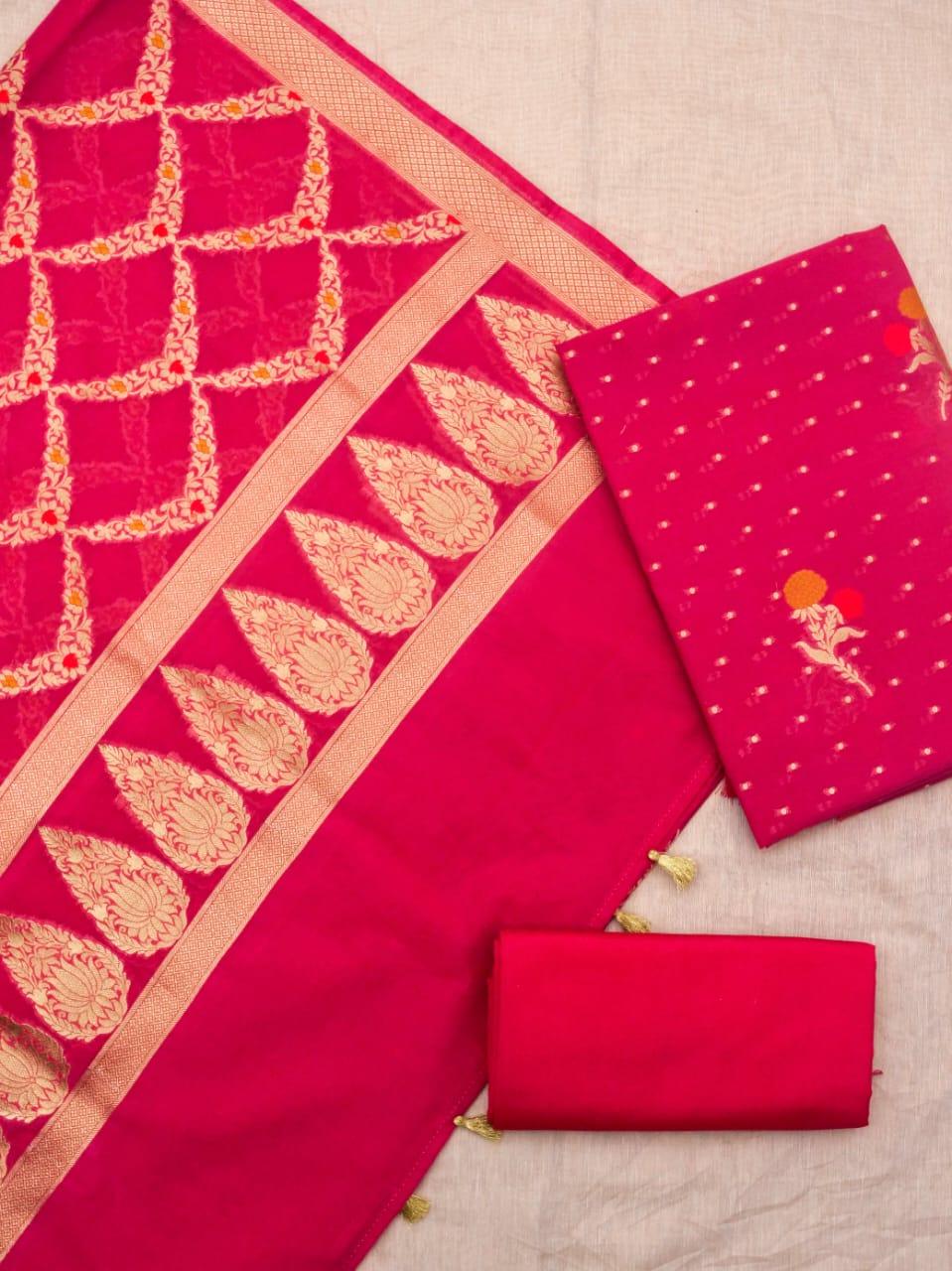 Raspberry Banarasi Premium Cotton Silk Jamdani Dress Materials