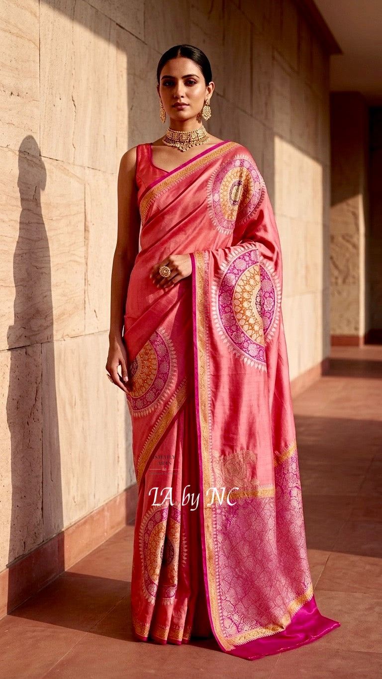 Salmon Banarasi Pure Katan Mashru Silk Saree