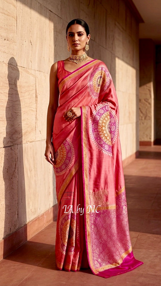 Salmon Banarasi Pure Katan Mashru Silk Saree